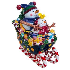Snowman Cookie Jar Vintage Christmas Sleigh Hand Painted Ceramic 13x13x6